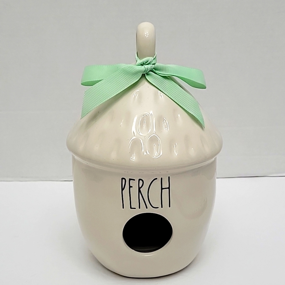 NWOT Rae Dunn Acorn Birdhouse Nest "PERCH" Ivory With Mint Bow LL Magenta